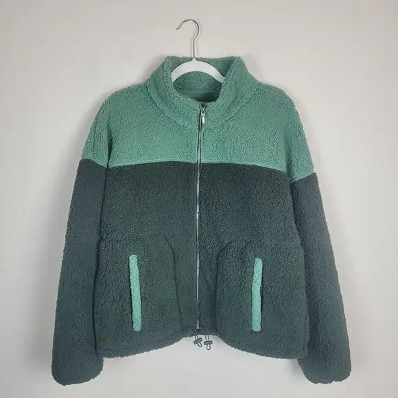 Amazon Essentials Jacket Large Green Sherpa Fleece Full Zip Colorblock Warm NEW - Picture 2 of 9